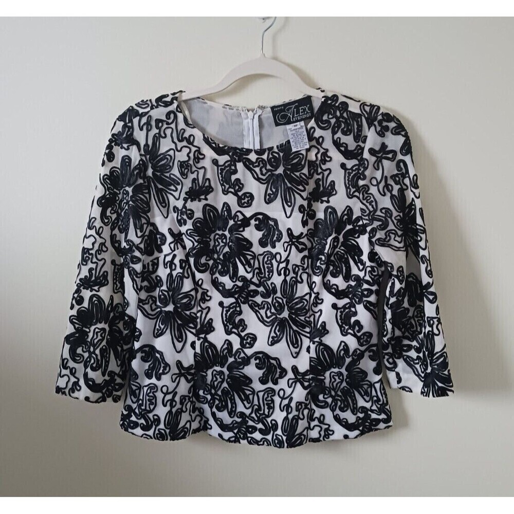 Alex Evenings Womens Petite Floral Blouse Black White Long Sleeve Size PM